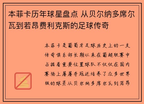 本菲卡历年球星盘点 从贝尔纳多席尔瓦到若昂费利克斯的足球传奇