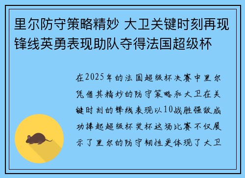 里尔防守策略精妙 大卫关键时刻再现锋线英勇表现助队夺得法国超级杯 里尔防守策略精妙 大卫关键时刻再现锋线英勇表现助队夺得法国超级杯