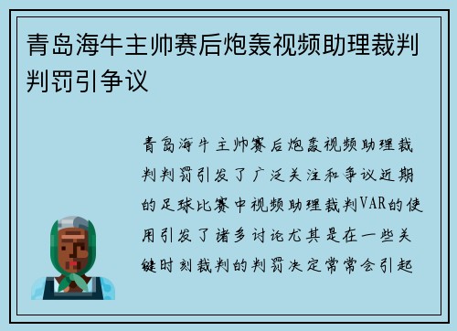 青岛海牛主帅赛后炮轰视频助理裁判判罚引争议 青岛海牛主帅赛后炮轰视频助理裁判判罚引争议