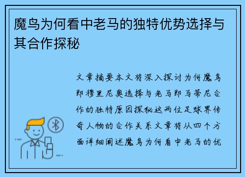 魔鸟为何看中老马的独特优势选择与其合作探秘